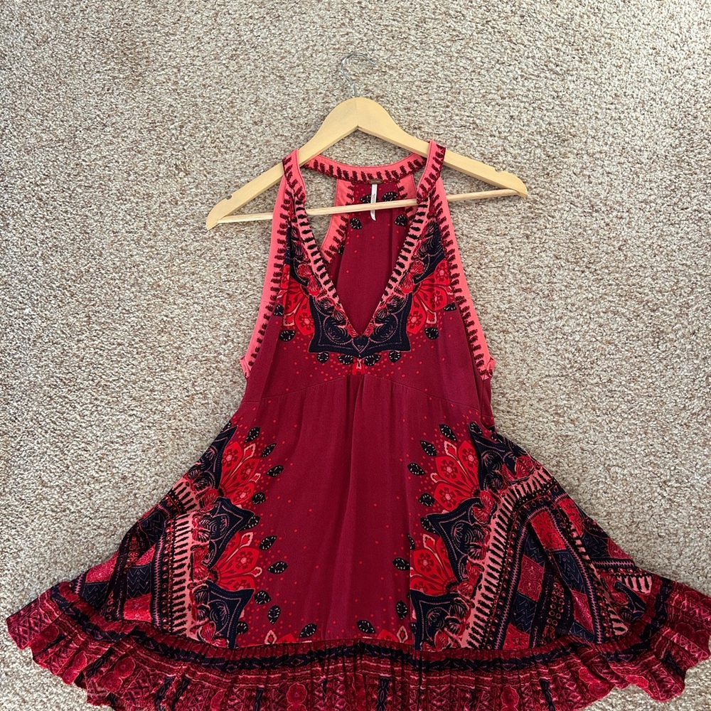 Free People Bohemian Hot pink designed Short Dress v-Neck